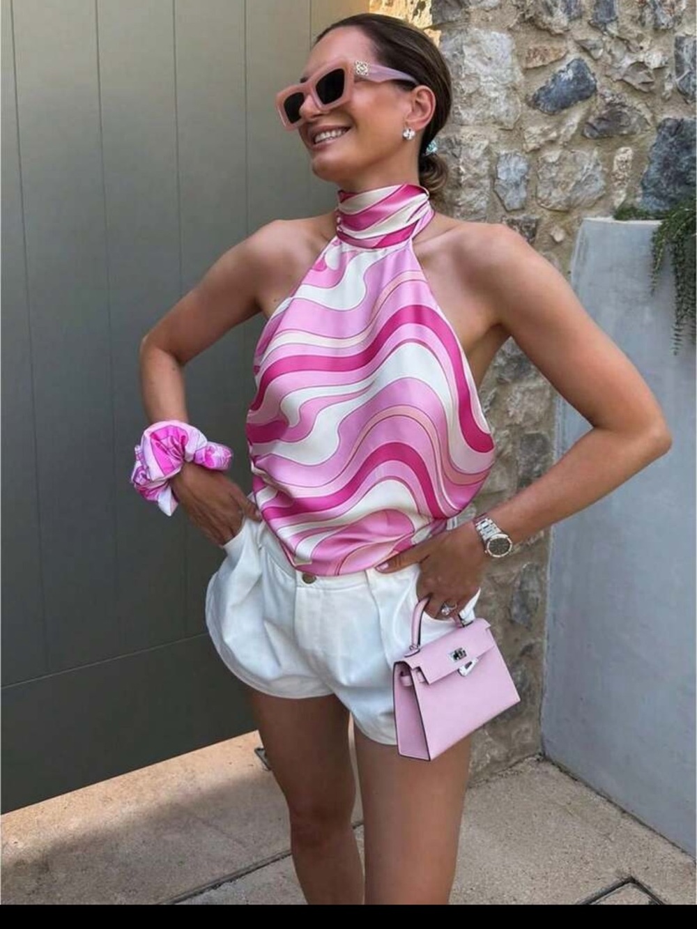 SHEIN pink tie high neck halter top